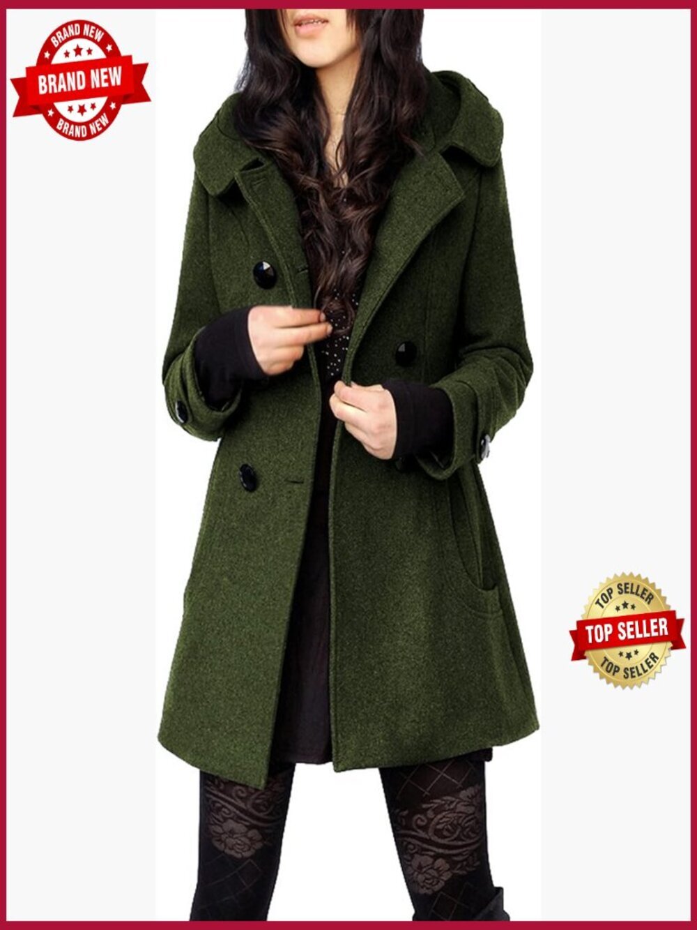 Warm Double Breasted Wool Pea Trench Coat with Hood